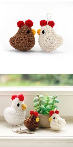 two crocheted chickens sitting next to each other on top of a window sill