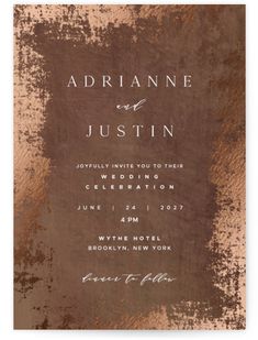 an elegant wedding card with copper foil on it