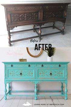 an old dresser turned into a sideboard with paint and gold details on the top