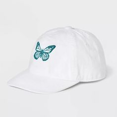 a white hat with a green butterfly embroidered on the front and side, against a white background