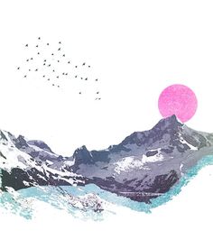 birds are flying over the snowy mountains with pink circles in the sky above them,