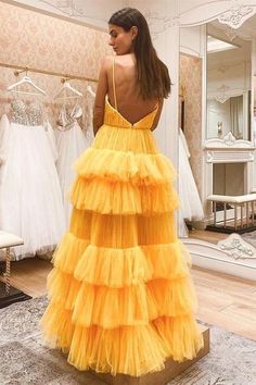 V Neck Backless Yellow Tulle Layered Long Prom Dresses, Layered Yellow – Shiny Party Yellow Prom Dresses, Yellow Prom, Dress Layer, Prom Dresses Yellow, Long Sleeve Gown, Pleated Bodice, Tulle Prom Dress, Evening Gowns Formal, Long Prom Dress