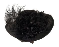 "VICTORIAN WIDE BRIM HAT - 1450 Ladies Black Edwardian Hat  Victorian wide brim hat with black burnout velvet crown, chiffon band, netting bow, black roses and black feathers.  SIZE:  Medium,  22\" - 22 1/2\" inches for the head circumference.                          Hat sizing can be provided if you need to make it fit a smaller. Please message me.                          You must measure your head to make sure the hat will fit. This hat will be made for you after you place your order Hat dia Victorian Hats Woman, Black Victorian Hat With High Crown, Black Victorian Hat For Evening, Gothic Black Brimmed Hat, Velvet Crown, Black Victorian Evening Hat, Black Wide Brim Hat, Vintage Black Hat With Feathers, Edwardian Hat