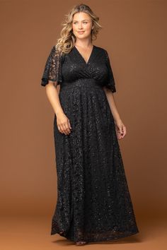 The plus size model is wearing a long sequin lace gown. Black Tie Dress Wedding, Jumpsuit And Cardigan, Lace Long Gown, Curvy Wedding, Black Tie Formal, Chic Cardigan, Evening Gown Dresses, Surplice Neckline, Black Tie Wedding