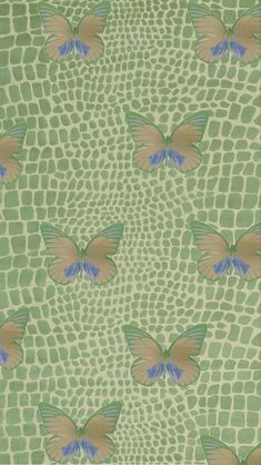 a green and blue wallpaper with butterflies on it