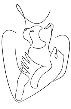 a black and white line drawing of a person holding a dog's head in the shape of a heart