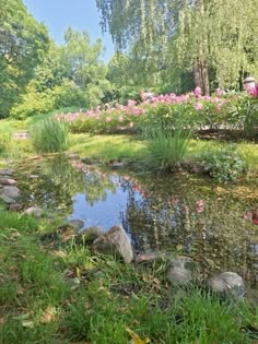 a small pond surrounded by rocks and flowers