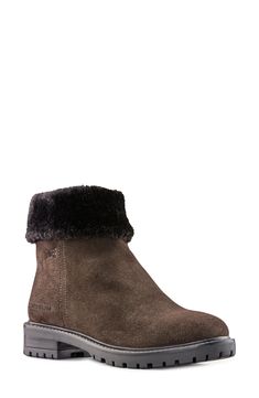 Gear up for all-weather comfort in this cozy-chic waterproof bootie with plush faux-fur lining, a cushy molded footbed and a side-zip closure. Waterproof: protects against rain, puddles and slush to keep feet dry in wet conditions 1 1/2" heel 5 1/4" shaft Removable, cushioned insole with arch support Leather upper/textile faux-fur lining/rubber sole Imported Brown Winter Boots, Native Shoes, Waterproof Winter Boots, Retro Sneakers, Shoes Heels Pumps, Vegan Shoes, Slipper Boots, Waterproof Boots, Brown Suede