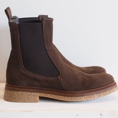 All The Comfort We Know And Love From All Black, And All The Value, But These Classic Chelsea Boots Are Made In Italy. Beautiful Dark Brown Suede With A Dark Brown Elastic Gusset, And These Sit On A Gum Sole To Lend A Sporty Edge. Whole Sizes Only, We Find This Style Runs A Bit Big - Perfect For Those Of Us Who Want To Wear A Thick Sock. Half Sizes Should Size Up Or Down Depending On Their Preference. All Black Shoes, Italy Beautiful, Thick Socks, Brown Suede, Brown Color, All Black, Boots Booties, Black Shoes, Chelsea Boots