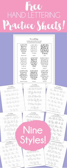 hand lettering practice sheets with the words nine styles in pink and white, on a purple background