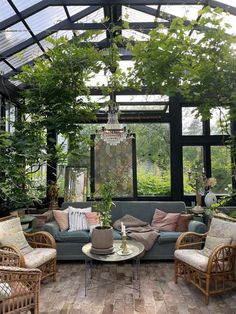 a living room filled with lots of furniture and plants on top of it's windows