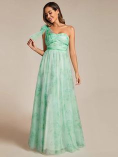 Floral Printed Empire Waist Strapless Formal Evening Dress with A-line #color_Mint Green Green A-line Gown For Spring, Spring A-line Gown With Lined Bodice, Summer Organza Gown With Sweetheart Neckline, Summer Tulle Gown With Sweetheart Neckline, Spring Organza Dress With Ruched Bodice, Spring One-shoulder Gown With Fitted Bodice, Spring Wedding Strapless Organza Dress, Strapless Floral Print Evening Dress For Summer, Spring One-shoulder Evening Dress With Fitted Bodice