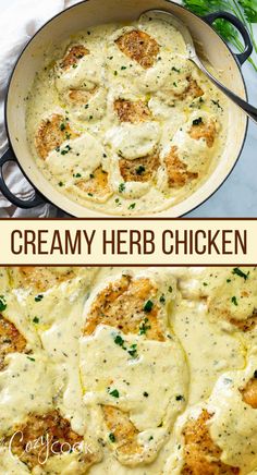 creamy herb chicken in a skillet with parsley on the side and text overlay