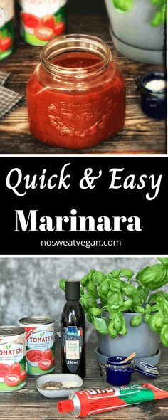 the ingredients for quick and easy marinara sauce on a wooden table with basil leaves