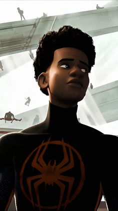 the animated spider - man character is staring at something in front of an image of other people