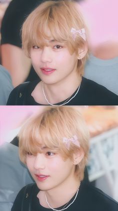 two pictures of the same person with blonde hair and bangs, one is wearing a black shirt