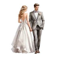 a man and woman in formal wear walking side by side