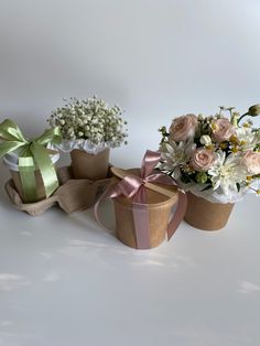 three flower pots with flowers in them and ribbons tied around the top, on a white surface