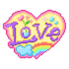 the word love is written in pixel style with an image of a flower and rainbows