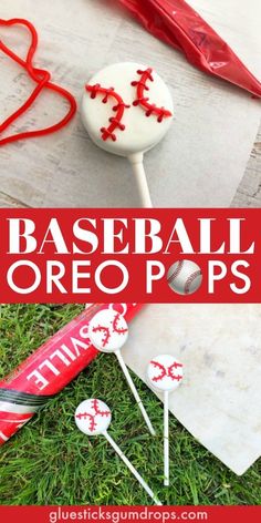 baseball oreo pops are on the grass with red and white candies in them