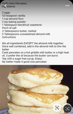 pancakes stacked on top of each other with the recipe in english and french text below