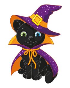 a black cat wearing a witches hat and sitting on top of a purple scarf with an orange