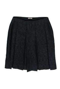 Current Boutique-Miu Miu - Black Metallic Brocade Pleated Skirt Sz 6 Elegant Miu Miu Skirt, Elegant Miu Miu Mini Skirt, Elegant Miu Miu Skirt For Spring, Elegant Fitted Miu Miu Skirt, Miu Miu Fitted Skirt For Work, Miu Miu Fitted Skirt For Workwear, Elegant Knee-length Pleated Skirt For Night Out, Slouchy Cardigan, Black Metallic