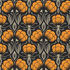 an orange and gray flower pattern on black background