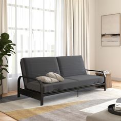 Black Metal Arm Futon with Mattress Included - Gray Futon Frame, Bar Table And Stools, Metal Arm, Futon Mattress, Coastal Furniture, Futon Sofa, Extra Bed, Living Room Accents, Bed Wall