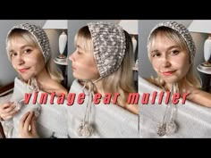 three different pictures of a woman wearing a knitted hat