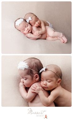 two newborn babies cuddle together while laying on their stomachs in the same photo