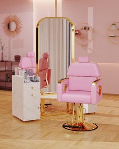 a pink chair sitting in front of a mirror on top of a hard wood floor