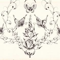 a black and white drawing of some butterflies flying around the flower arrangement with roses on it