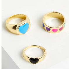 Nwt: In Package Size 8 Materials + Care Base Metal And Charms Imported. Details Set Of 3 High Shine Finish. Varied Hearts Design. Rwinbow Ring, Heart Barrel Rings, Stone Heart Rings, Bigender Ring, Enamal Rings, Happy Rings, Enamel Rings, Pave Setting Ring, Black Stone Ring