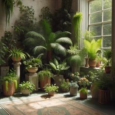 a room filled with lots of different types of potted plants next to a window