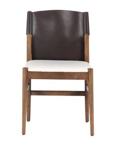 a brown and white leather chair on a white background with the seat upholstered