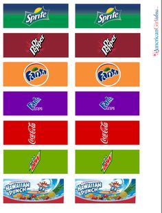 six different flavors of soft drinks with the same logo on each one, all in different colors