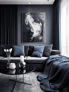 Dark Living Room Ideas: Monochrome with Blue Accents Dark Living Room Ideas, Dark Living Rooms, Blue Couches, Statement Furniture, Black Living Room, Living Room Sofa Design, Grey Room