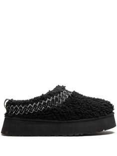 black shearling braid embroidery round toe slip-on style pull-tab at the heel signature UGGplush™ lining flatform sole Tazz Ugg, Braid Embroidery, Ugg Tazz, Animal Print Tote Bags, Black Slippers, Jeweled Headband, Leopard Print Scarf, Chunky Shoes, Fur Lined Boots