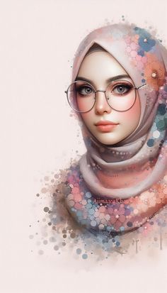 a painting of a woman wearing glasses and a hijab