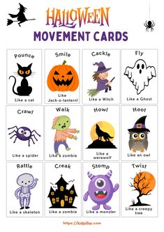 halloween movement cards for kids to practice their language and spelling skills with the words,