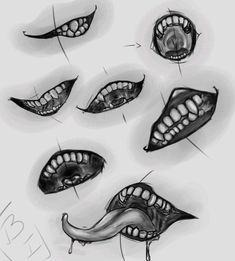 some different types of mouth shapes and their teeth are drawn in black ink on white paper