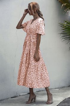 V-neck Floral Print Maxi Dress For Beach, Printed V-neck Spring Vacation Dress, Casual Pink V-neck Dress For Vacation, Summer V-neck Beach Dress For Day Out, Beachy V-neck Maxi Dress For Day Out, Casual V-neck Beach Dress For Day Out, V-neck Floral Print Beach Dress For Brunch, Beachy V-neck Floral Print Beach Dress, Spring Floral Print V-neck Dress For Vacation