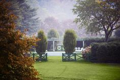 two green benches sitting in the middle of a lush green park with trees and bushes