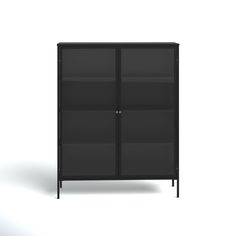 a black bookcase with three shelves on each side and two doors at the top