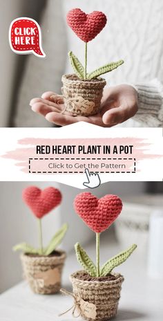 two small crocheted hearts in a pot with text overlay reading red heart plant in a pot click to get the pattern