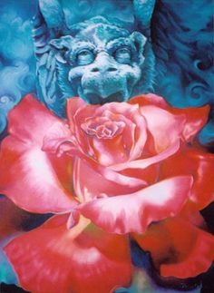 a painting of a cat sitting next to a red rose in front of a blue background