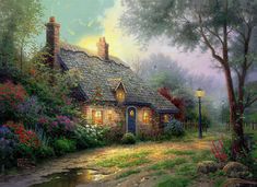 a painting of a cottage with flowers and trees in the foreground, near a stream