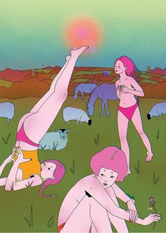 two women in swimsuits are playing with sheep on the grass and one woman is reaching for something