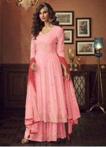 Georgette Anarkali Suits, Silk Anarkali Suits, Salwar Suits Online, Sharara Suit, Designer Anarkali, Baby Pink Colour, Designer Salwar Suits, Chiffon Fashion, Salwar Kameez Designs